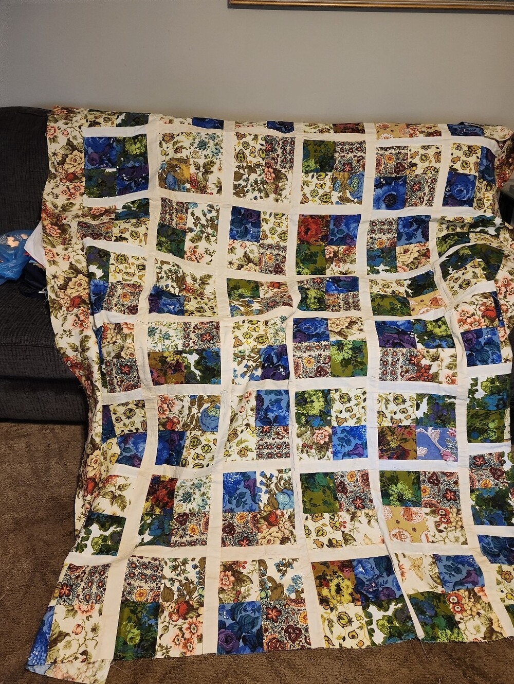 Floral Patchwork Quilt Top Only - Blue & Green